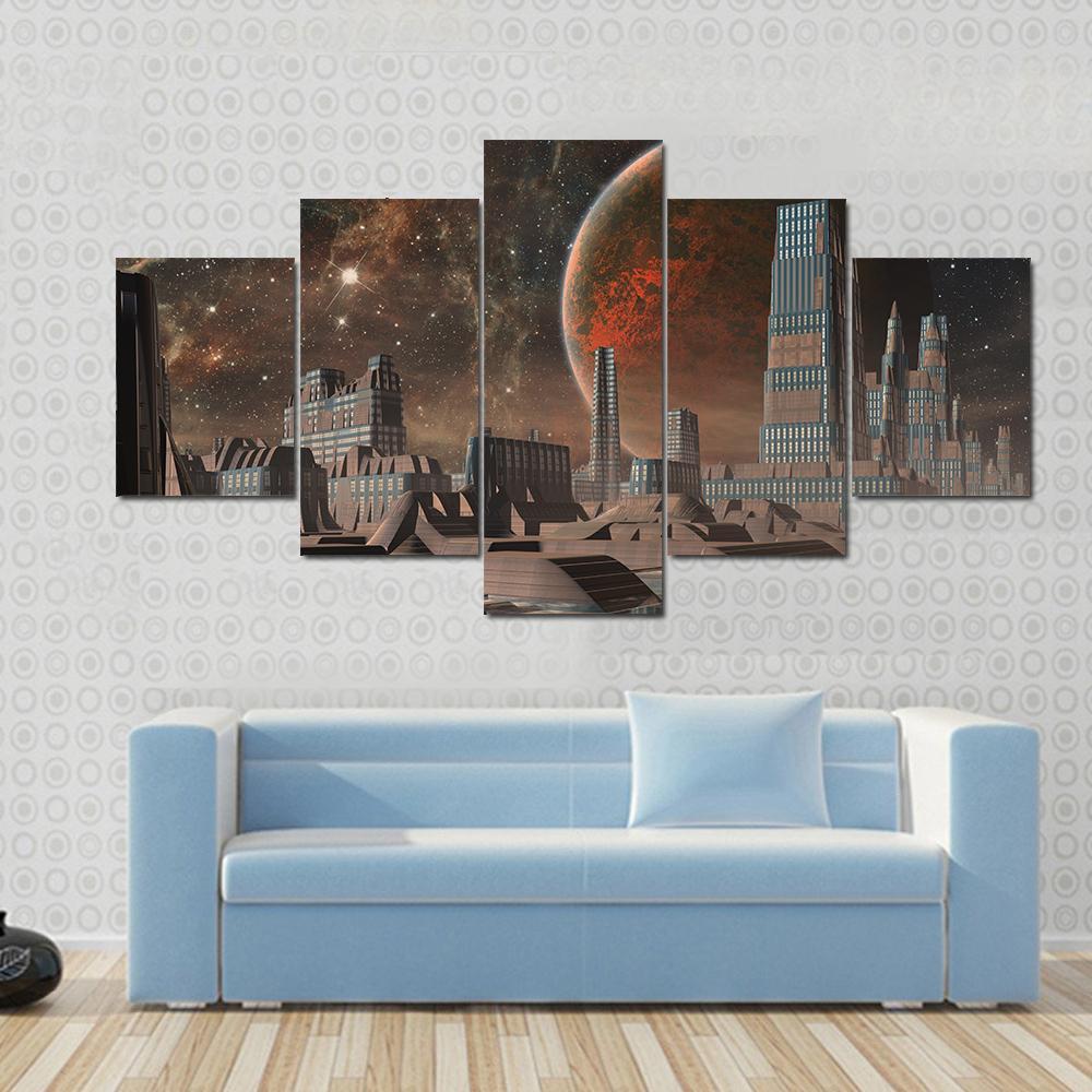 Futuristic Alien City Canvas Wall Art-5 Star-Gallery Wrap-62" x 32"-Tiaracle