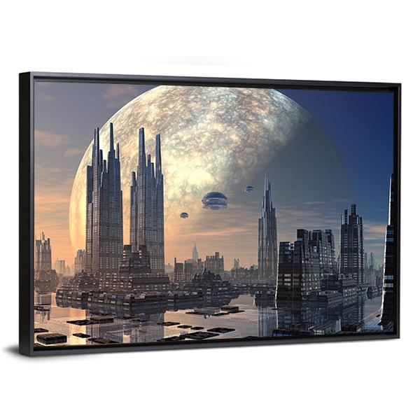 Futuristic Alien City On Water Canvas Wall Art-3 Horizontal-Gallery Wrap-25" x 16"-Tiaracle