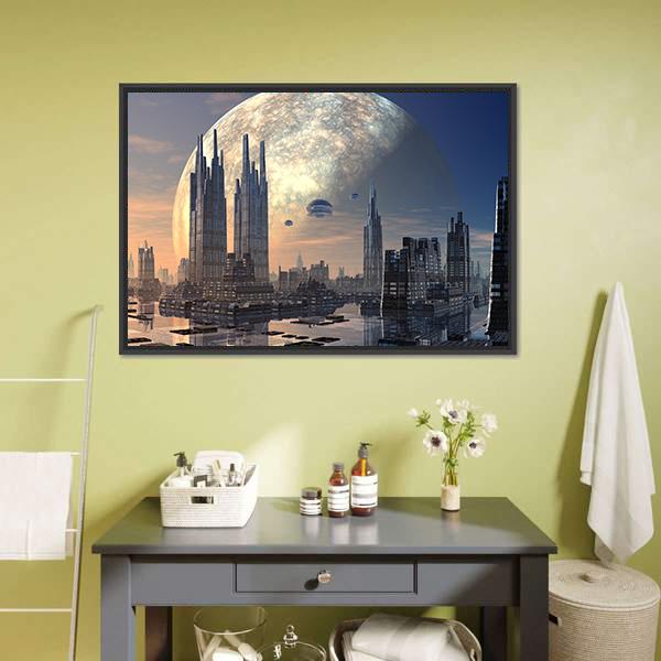 Futuristic Alien City On Water Canvas Wall Art-1 Piece-Floating Frame-24" x 16"-Tiaracle