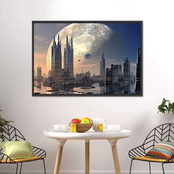 Futuristic Alien City On Water Canvas Wall Art-3 Horizontal-Gallery Wrap-25" x 16"-Tiaracle