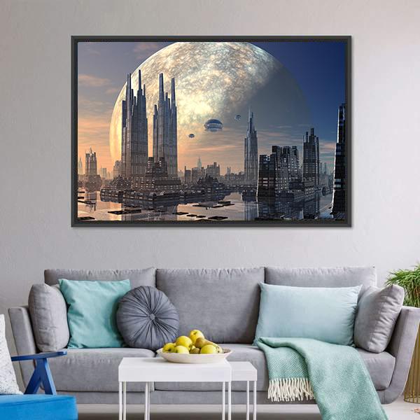 Futuristic Alien City On Water Canvas Wall Art-3 Horizontal-Gallery Wrap-25" x 16"-Tiaracle