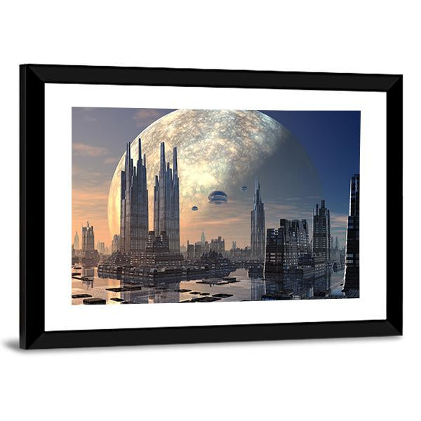 Futuristic Alien City On Water Canvas Wall Art-3 Horizontal-Gallery Wrap-25" x 16"-Tiaracle
