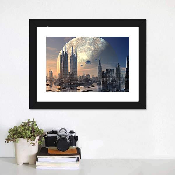 Futuristic Alien City On Water Canvas Wall Art-1 Piece-Framed Print-20" x 16"-Tiaracle