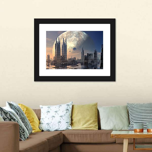 Futuristic Alien City On Water Canvas Wall Art-3 Horizontal-Gallery Wrap-25" x 16"-Tiaracle
