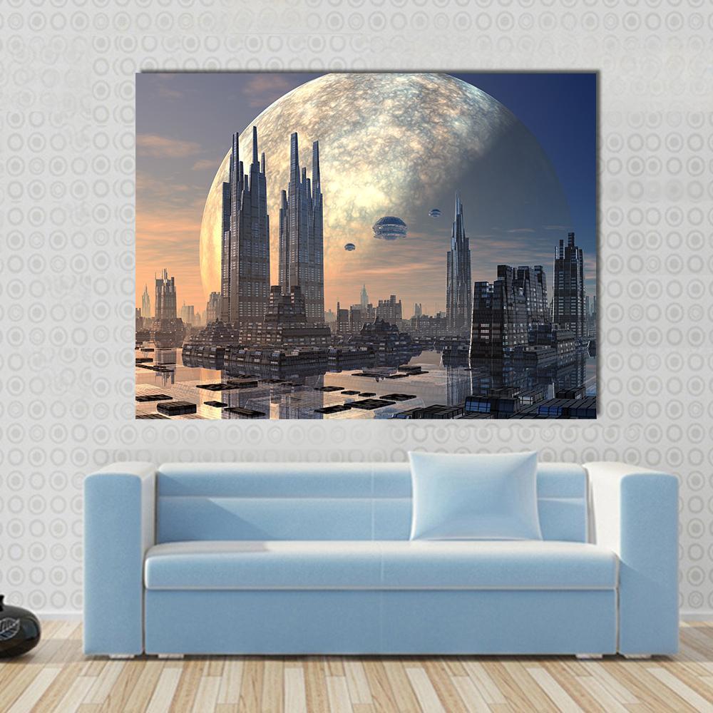 Futuristic Alien City on Water Canvas Wall Art in gray, yellow and blue, single panel hung on a wall