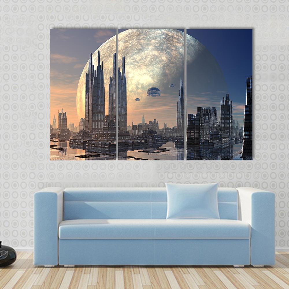 Futuristic Alien City On Water Canvas Wall Art-3 Horizontal-Gallery Wrap-37" x 24"-Tiaracle