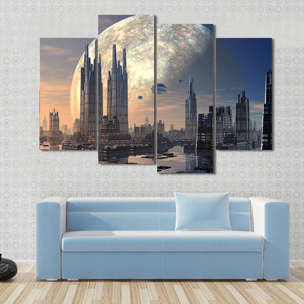 Futuristic Alien City On Water Canvas Wall Art-4 Pop-Gallery Wrap-50" x 32"-Tiaracle