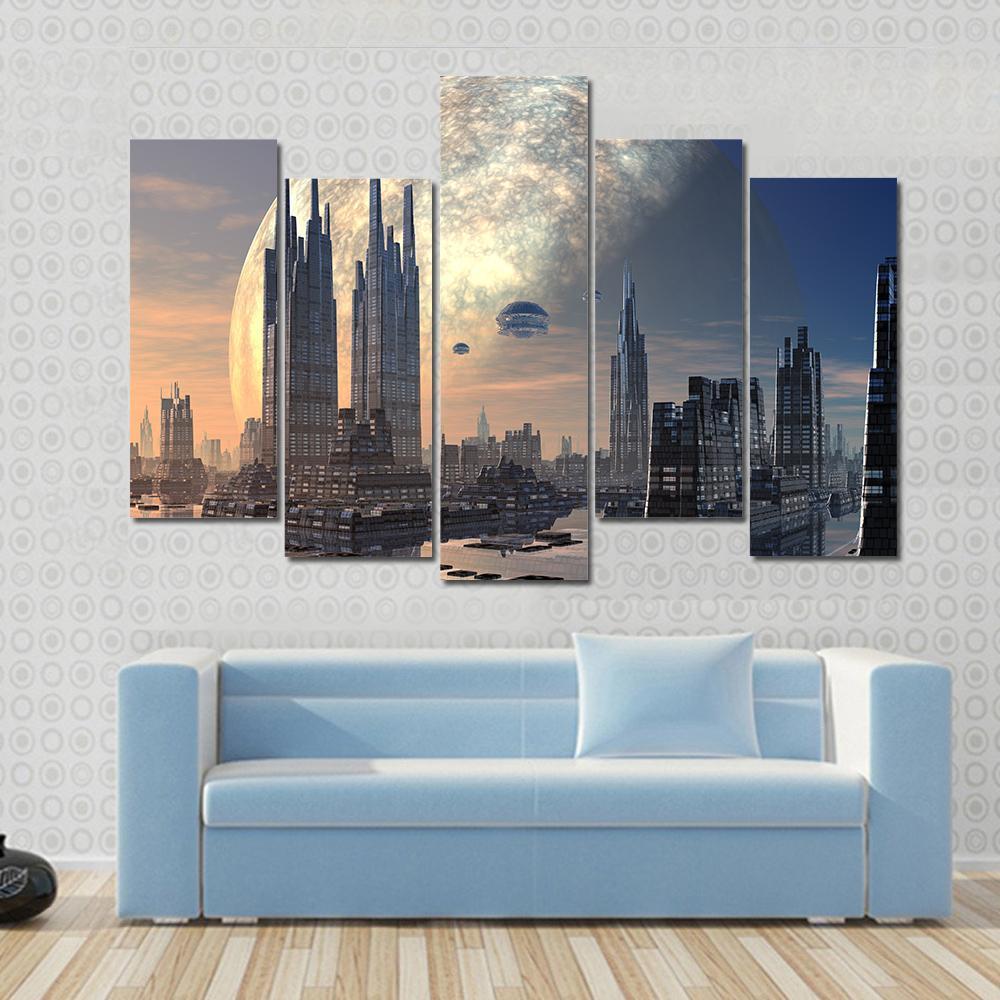 Futuristic Alien City On Water Canvas Wall Art-5 Pop-Gallery Wrap-47" x 32"-Tiaracle