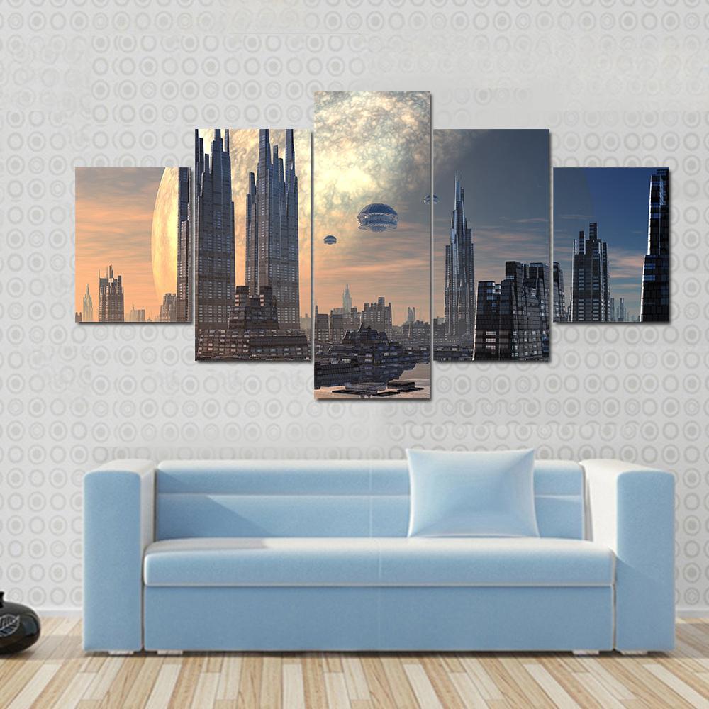 Futuristic Alien City On Water Canvas Wall Art-5 Star-Gallery Wrap-62" x 32"-Tiaracle