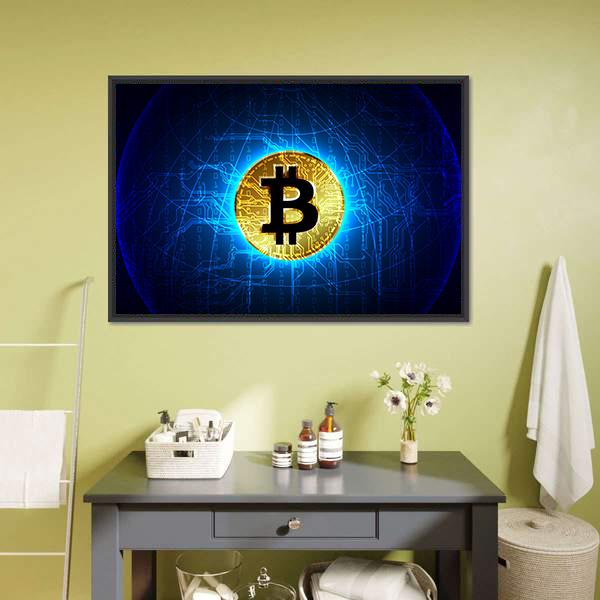 Futuristic Glowing Bitcoin Network Canvas Wall Art in black, gold and blue, framed canvas, product view on a white background