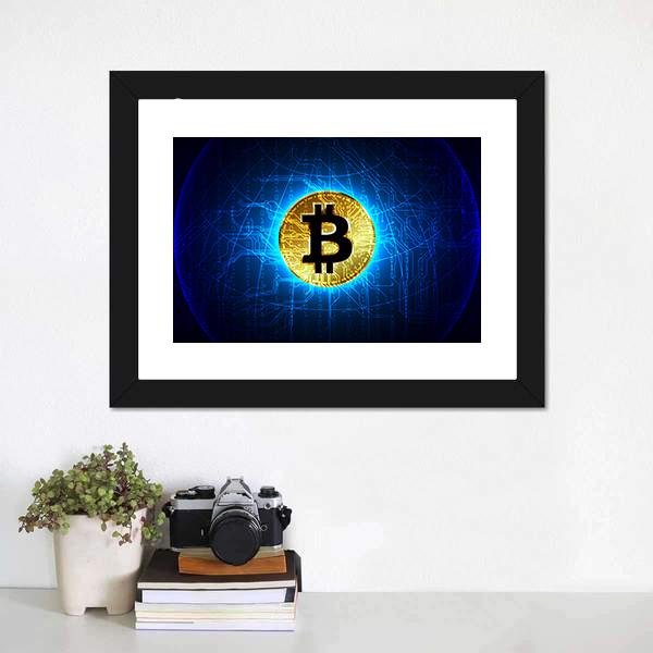 Futuristic Glowing Bitcoin Network Canvas Wall Art in black, gold and blue, 5 panel Pop layout hung on a wall