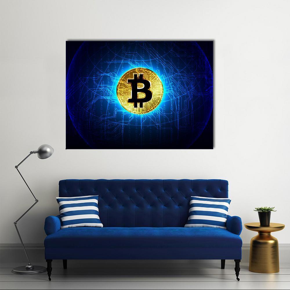 Futuristic Glowing Bitcoin Network Canvas Wall Art in black, gold and blue, 5 panel Pop layout hung on a wall