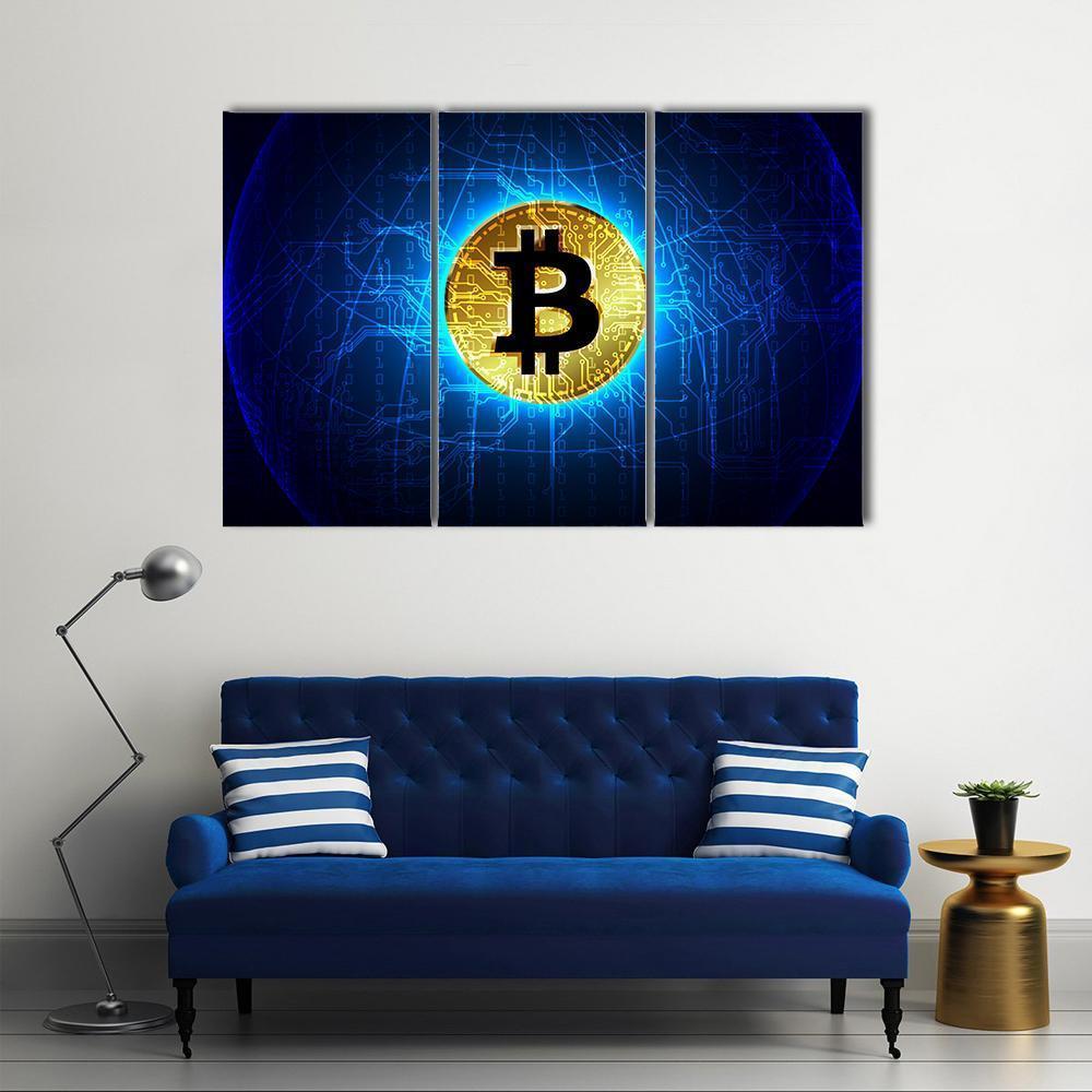 Futuristic Glowing Bitcoin Network Canvas Wall Art in black, gold and blue, 5 panel Pop layout hung on a wall