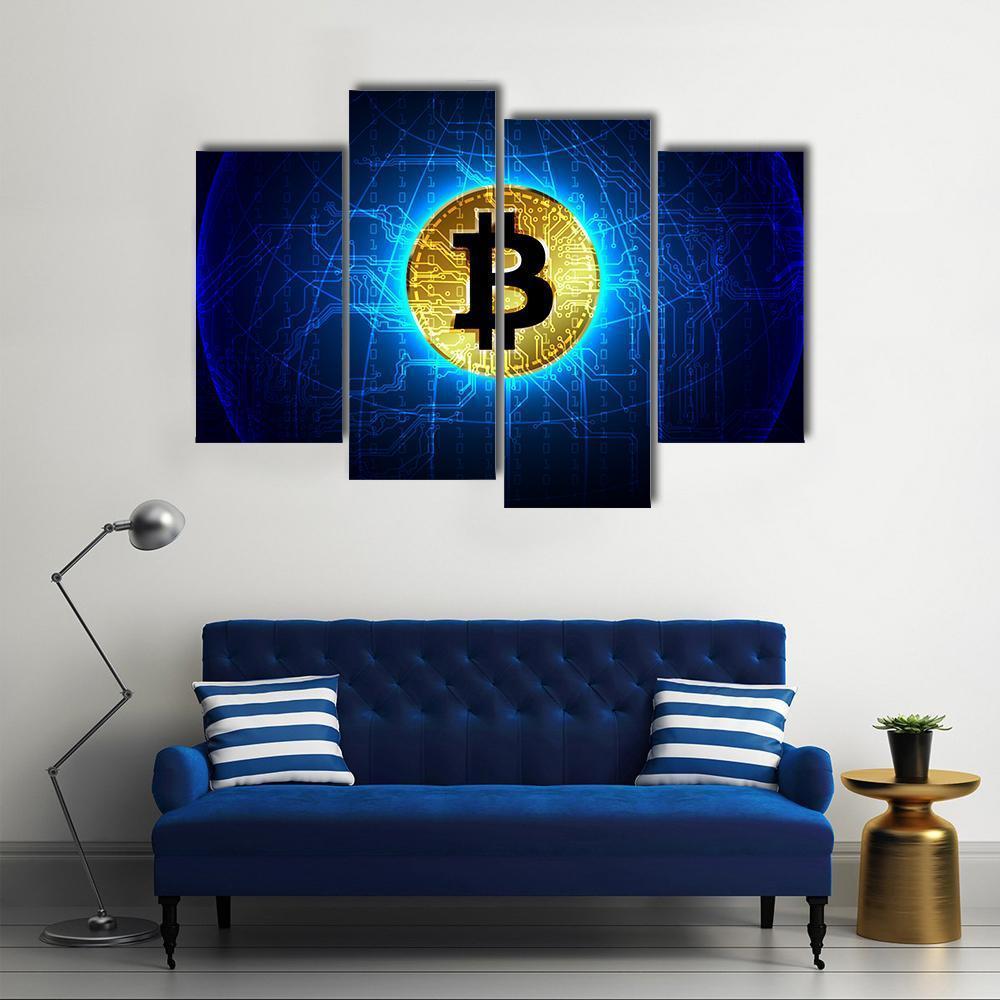 Futuristic Glowing Bitcoin Network Canvas Wall Art in black, gold and blue, 5 panel Pop layout hung on a wall