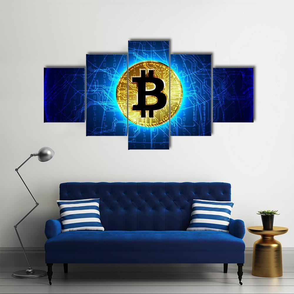 Futuristic Glowing Bitcoin Network Canvas Wall Art in black, gold and blue, 5 panel Pop layout hung on a wall