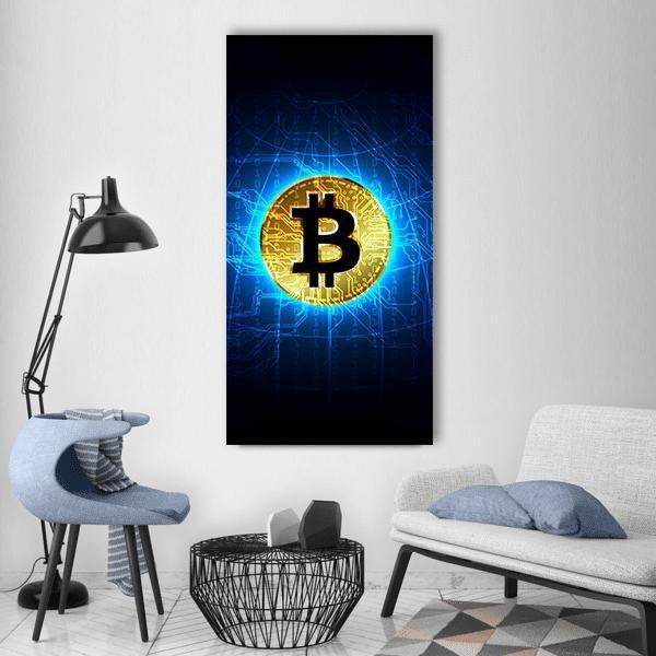 Futuristic Gold Bitcoin Vertical Canvas Wall Art in black, gold and blue, hung on a wall