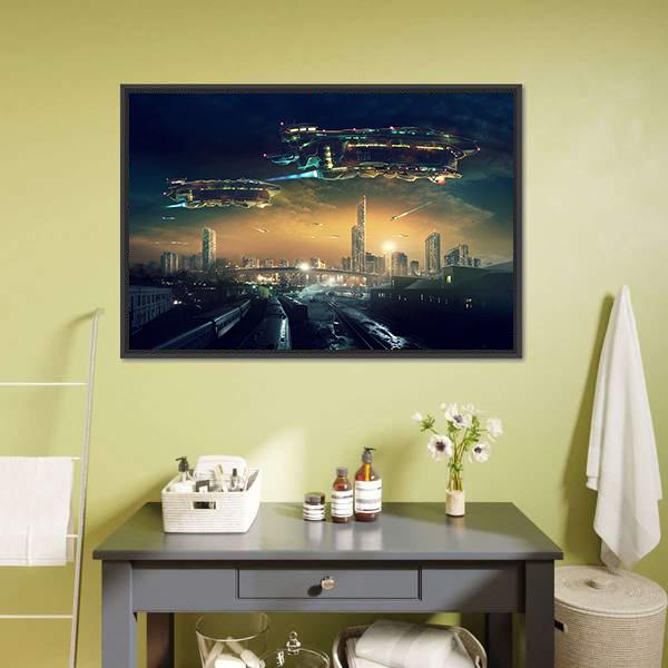 Futuristic Flying Spaceships Canvas Wall Art-1 Piece-Floating Frame-24" x 16"-Tiaracle