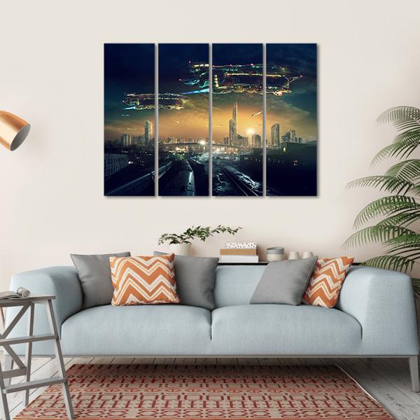 Futuristic Flying Spaceships Canvas Wall Art-4 Horizontal-Gallery Wrap-34" x 24"-Tiaracle