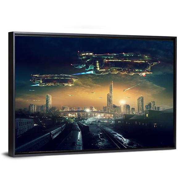Futuristic Flying Spaceships Canvas Wall Art-5 Horizontal-Gallery Wrap-22" x 12"-Tiaracle