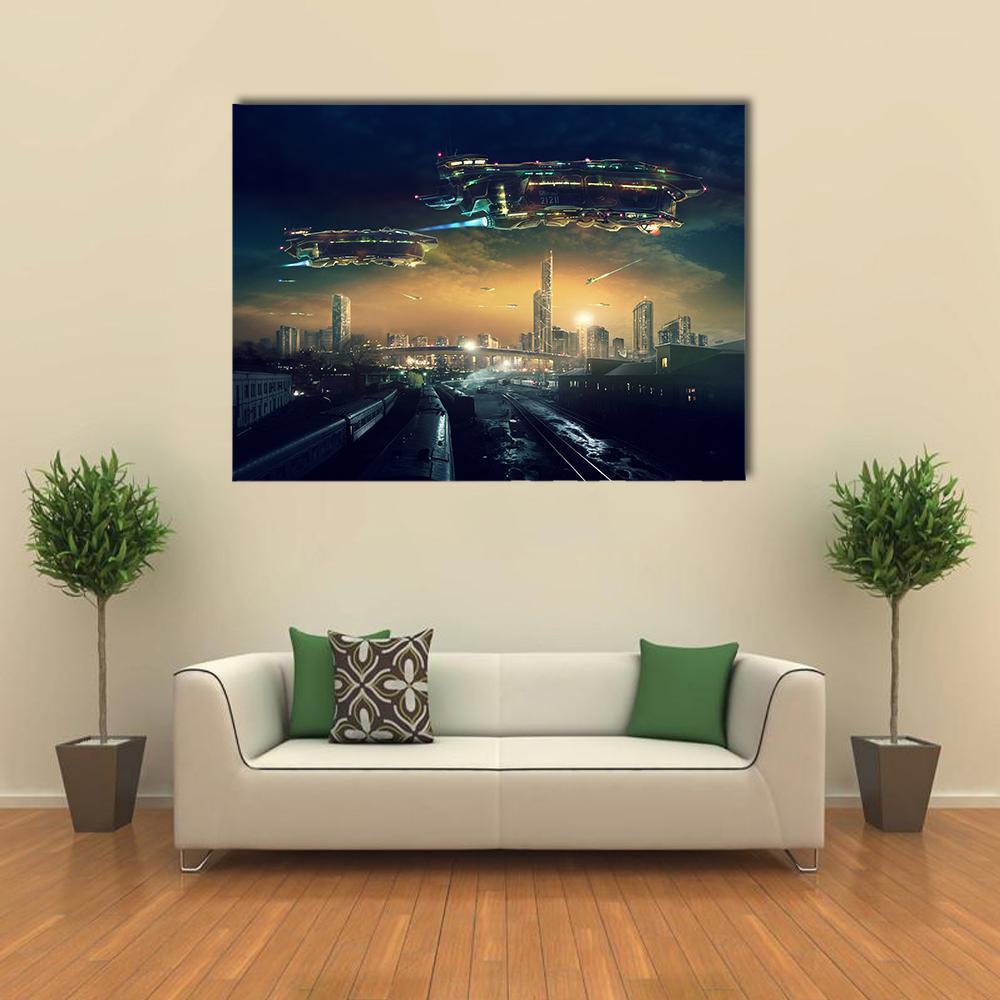 Hovering Vehicles Over Futuristic City and Train Tracks Canvas Wall Art in black, yellow and blue, single panel hung on a wall