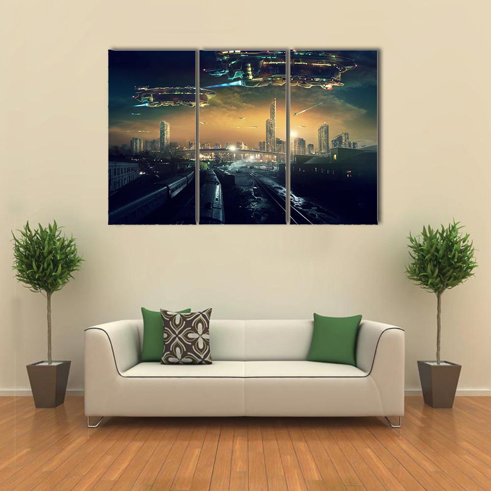 Futuristic Flying Spaceships Canvas Wall Art-3 Horizontal-Gallery Wrap-37" x 24"-Tiaracle