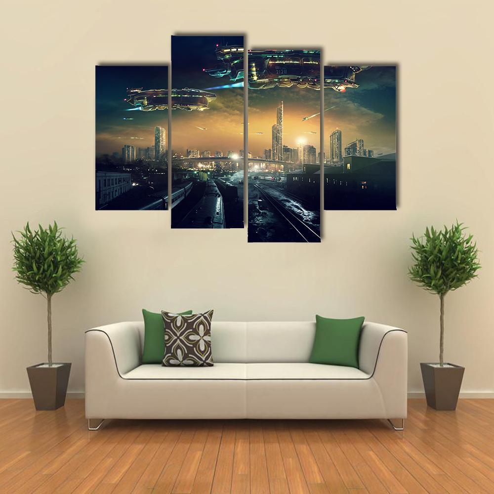 Futuristic Flying Spaceships Canvas Wall Art-4 Pop-Gallery Wrap-50" x 32"-Tiaracle