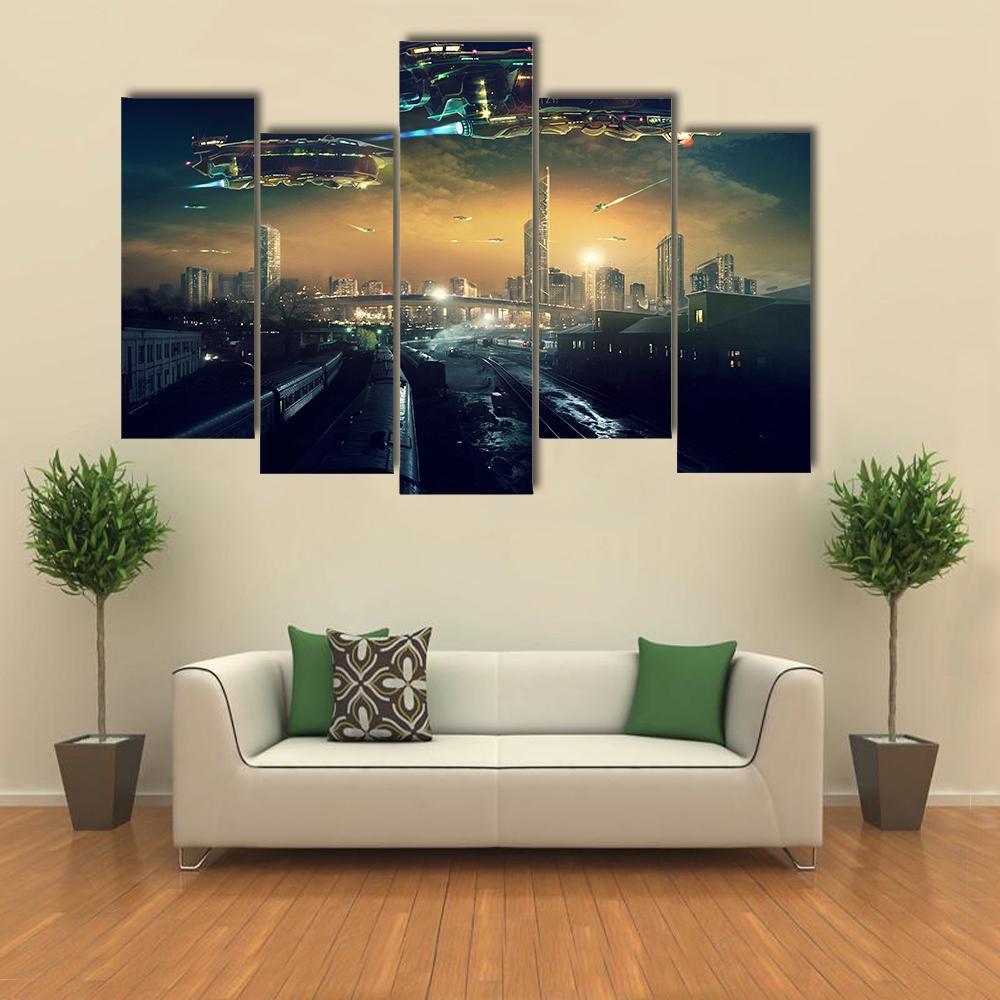 Futuristic Flying Spaceships Canvas Wall Art-5 Pop-Gallery Wrap-47" x 32"-Tiaracle