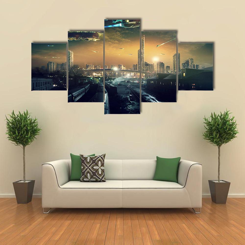 Futuristic Flying Spaceships Canvas Wall Art-5 Star-Gallery Wrap-62" x 32"-Tiaracle