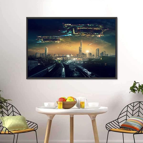 Futuristic Flying Spaceships Canvas Wall Art-3 Horizontal-Gallery Wrap-25" x 16"-Tiaracle
