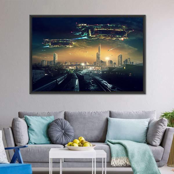 Futuristic Flying Spaceships Canvas Wall Art-3 Horizontal-Gallery Wrap-25" x 16"-Tiaracle