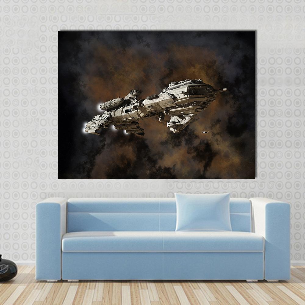 Futuristic Interstellar Escort Frigate Canvas Wall Art in black, gray and brown, single panel hung on a wall