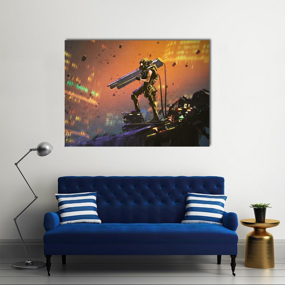 Futuristic Soldier With Gun Canvas Wall Art-1 Piece-Gallery Wrap-36" x 24"-Tiaracle
