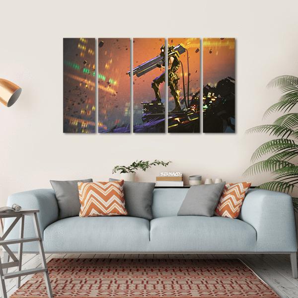 Futuristic Soldier With Gun Canvas Wall Art-5 Horizontal-Gallery Wrap-22" x 12"-Tiaracle