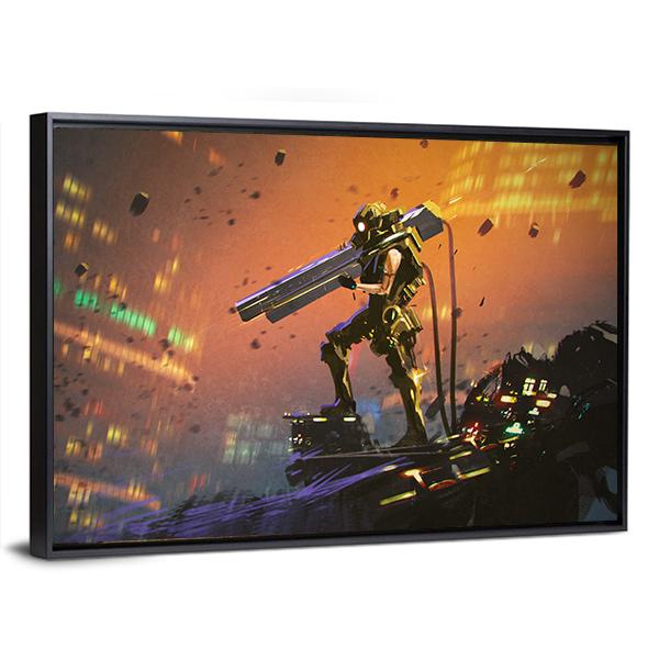 Futuristic Soldier With Gun Canvas Wall Art-3 Horizontal-Gallery Wrap-25" x 16"-Tiaracle