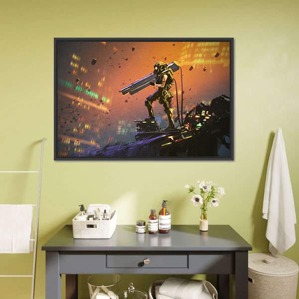 Futuristic Soldier With Gun Canvas Wall Art-1 Piece-Floating Frame-24" x 16"-Tiaracle