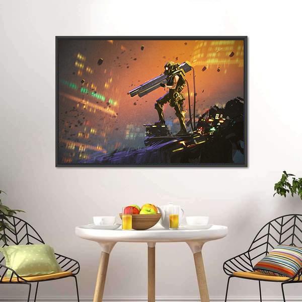 Futuristic Soldier With Gun Canvas Wall Art-3 Horizontal-Gallery Wrap-25" x 16"-Tiaracle