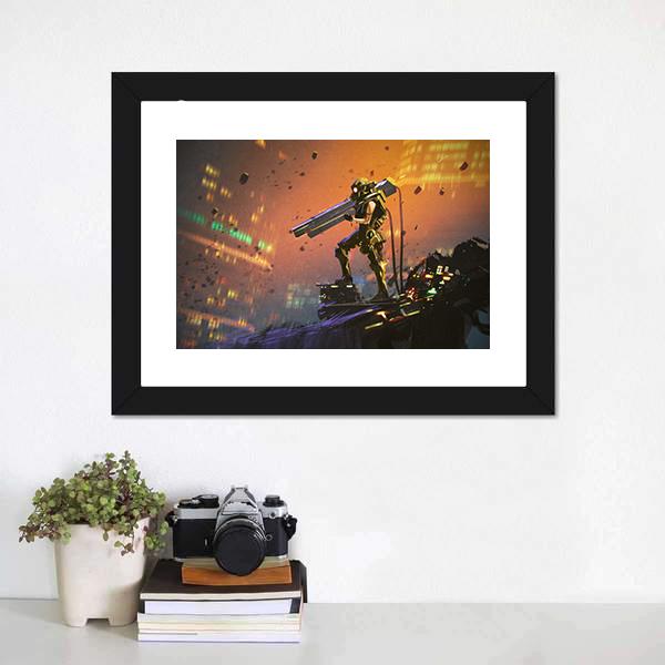 Futuristic Soldier With Gun Canvas Wall Art-1 Piece-Framed Print-20" x 16"-Tiaracle