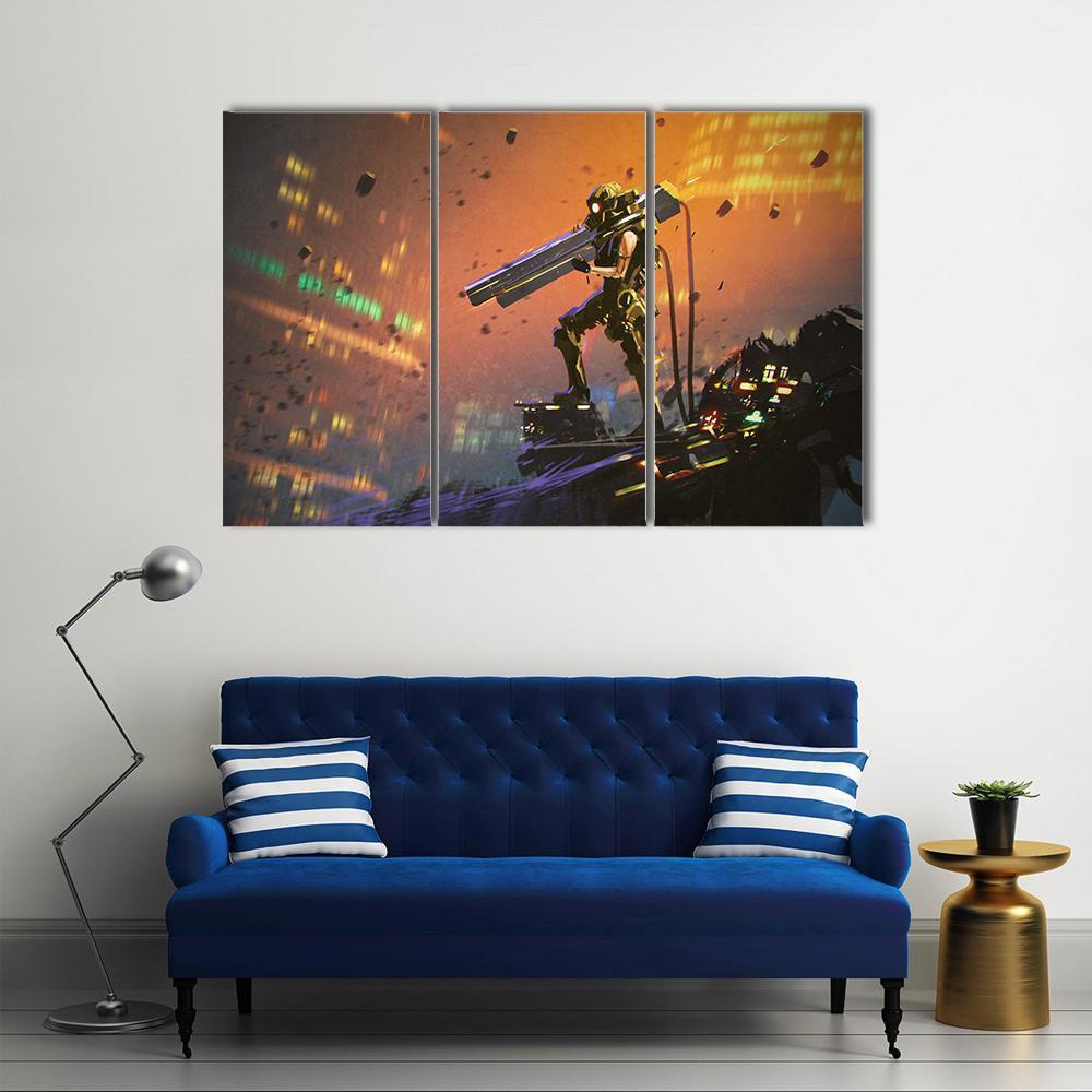 Futuristic Soldier With Gun Canvas Wall Art-3 Horizontal-Gallery Wrap-37" x 24"-Tiaracle