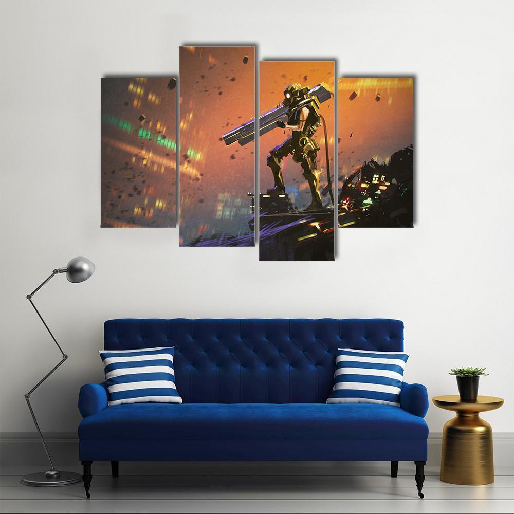 Futuristic Soldier With Gun Canvas Wall Art-4 Pop-Gallery Wrap-50" x 32"-Tiaracle