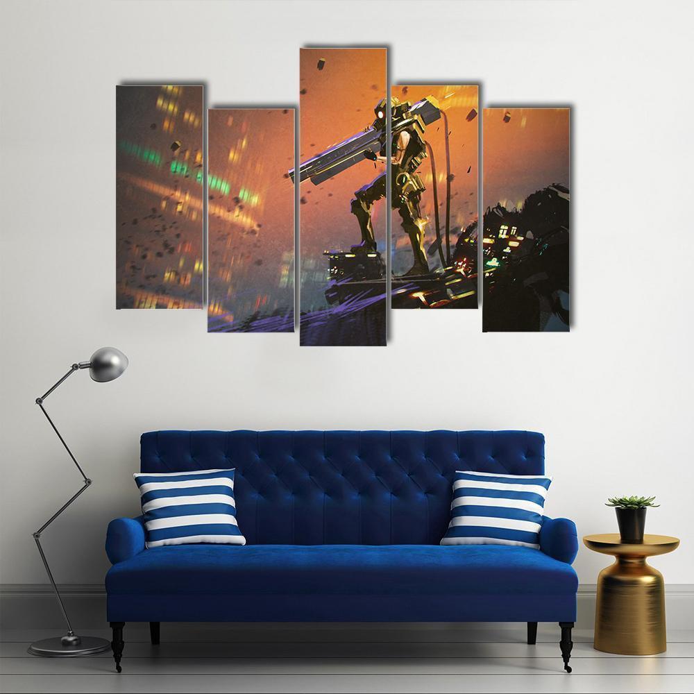 Futuristic Soldier With Gun Canvas Wall Art-5 Pop-Gallery Wrap-47" x 32"-Tiaracle