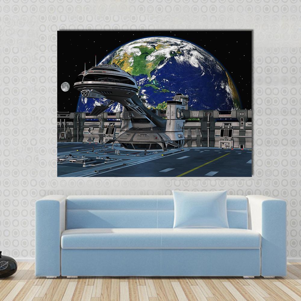 Futuristic Space Station Canvas Wall Art in black, gray and blue, single panel hung on a wall