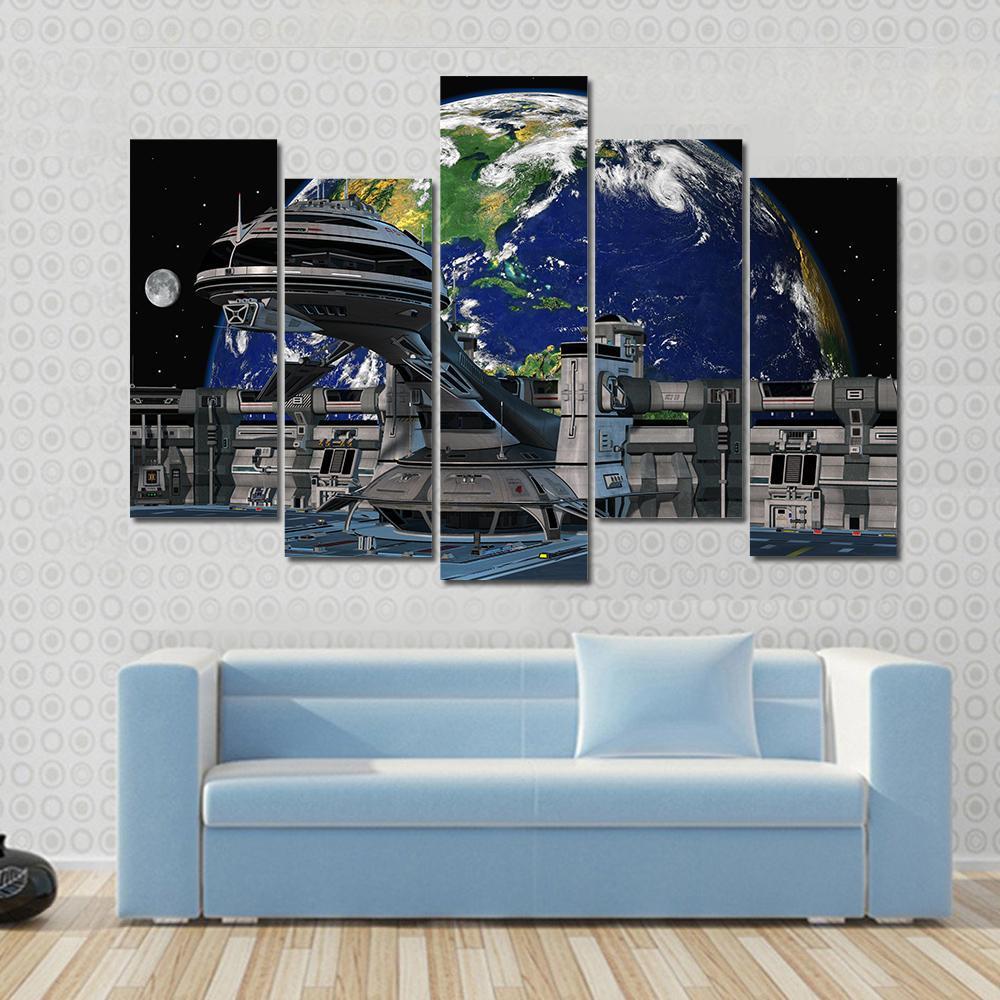 Futuristic Space Station Canvas Wall Art-5 Pop-Gallery Wrap-47" x 32"-Tiaracle