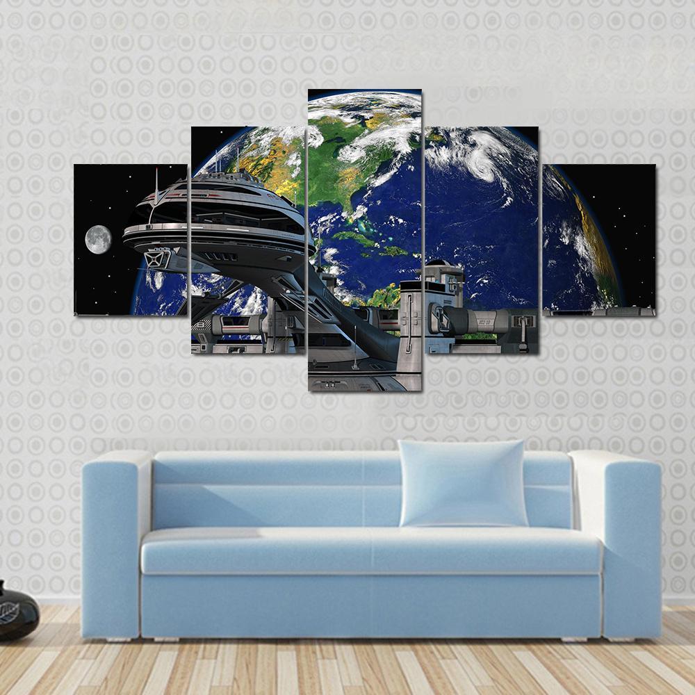 Futuristic Space Station Canvas Wall Art-5 Star-Gallery Wrap-62" x 32"-Tiaracle
