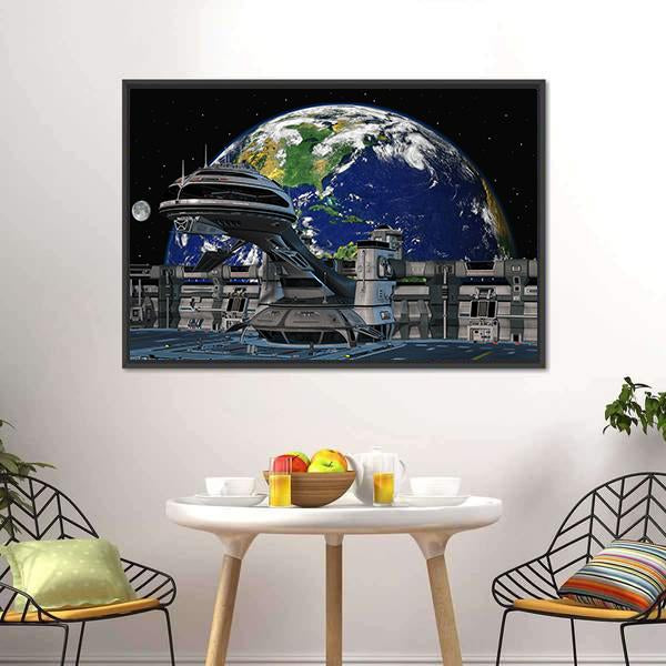 Futuristic Space Station Canvas Wall Art in black, gray and blue, framed canvas, product view on a white background
