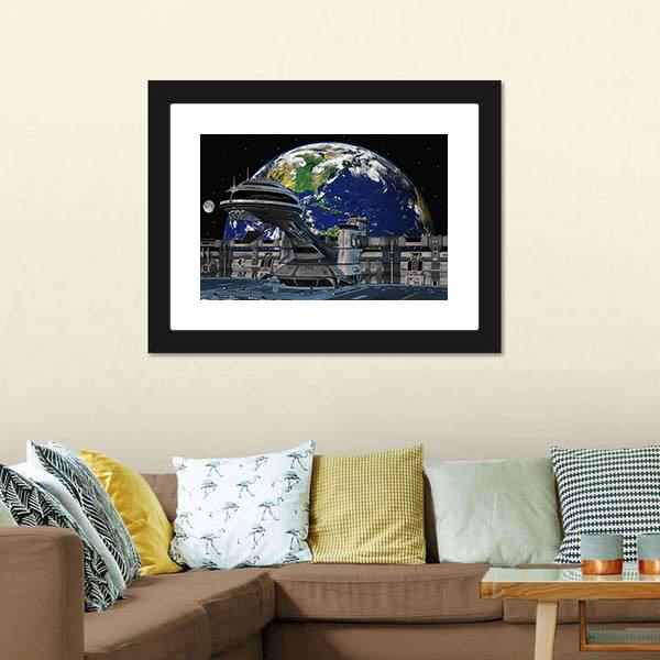 Futuristic Space Station Canvas Wall Art-1 Piece-Framed Print-20" x 16"-Tiaracle