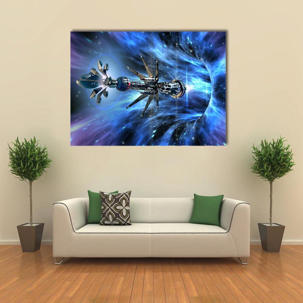 Futuristic Spacecraft Planet Canvas Wall Art in black, blue and purple, single panel hung on a wall