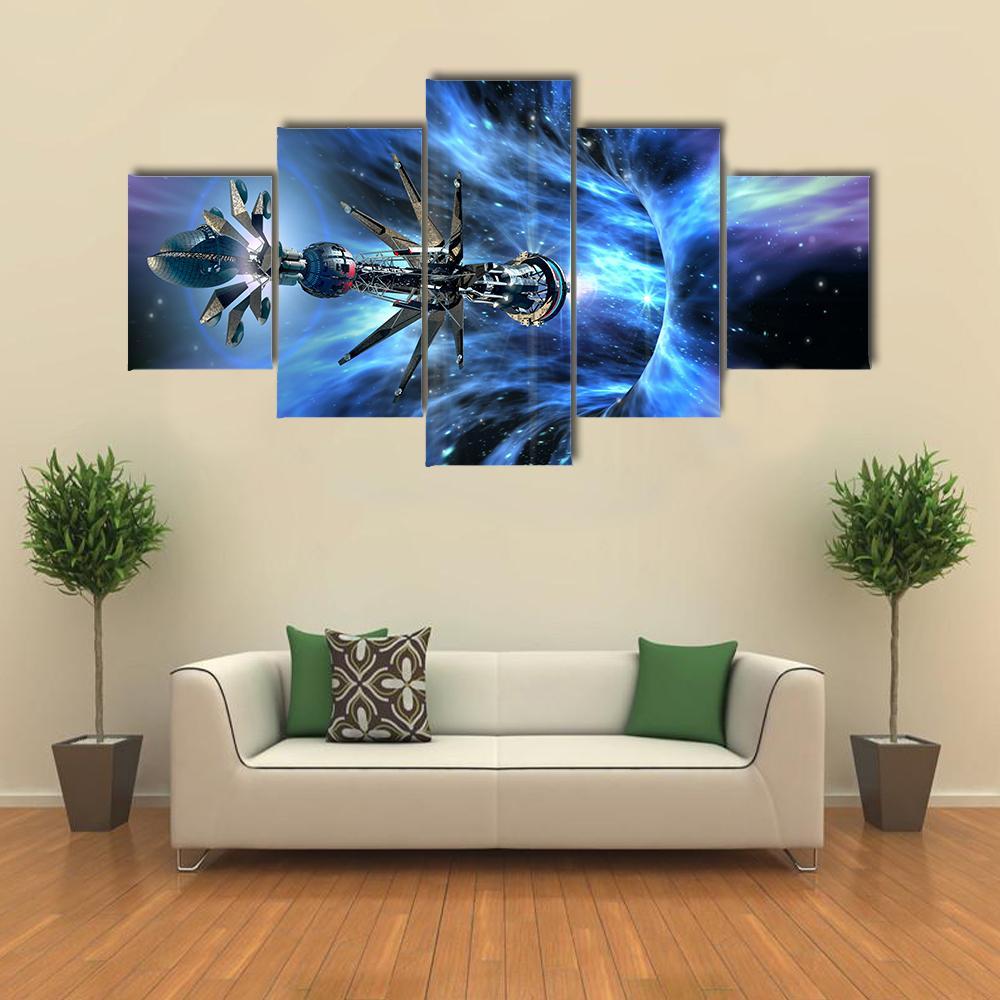 Futuristic Spacecraft Planet Canvas Wall Art-5 Star-Gallery Wrap-62" x 32"-Tiaracle