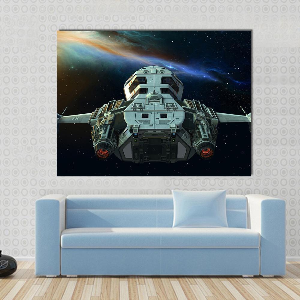Futuristic Spaceship in Deep Space Canvas Wall Art in black, gray and blue, single panel hung on a wall