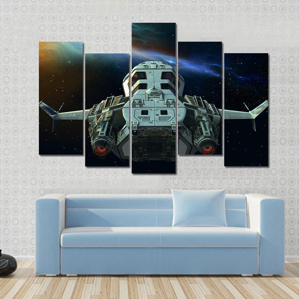 Futuristic Spaceship In Deep Space Canvas Wall Art-5 Pop-Gallery Wrap-47" x 32"-Tiaracle