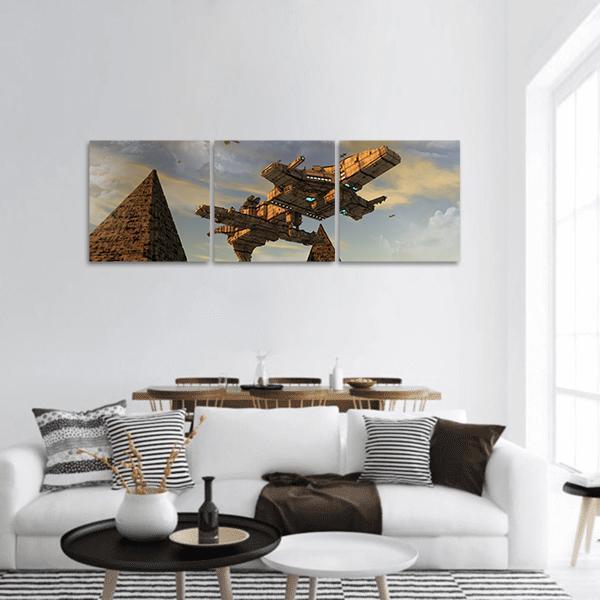 Futuristic Ufo Over Alien Pyramids Panoramic Canvas Wall Art in gray, brown and yellow, hung on a wall